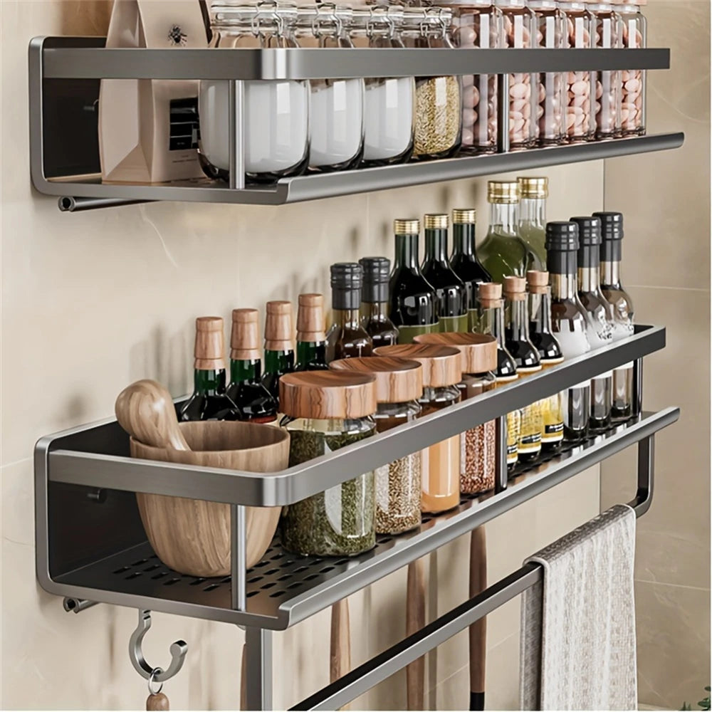 Rack de armazenamento multifuncional com haste, prateleira de temperos, parede, itens de cozinha, 1